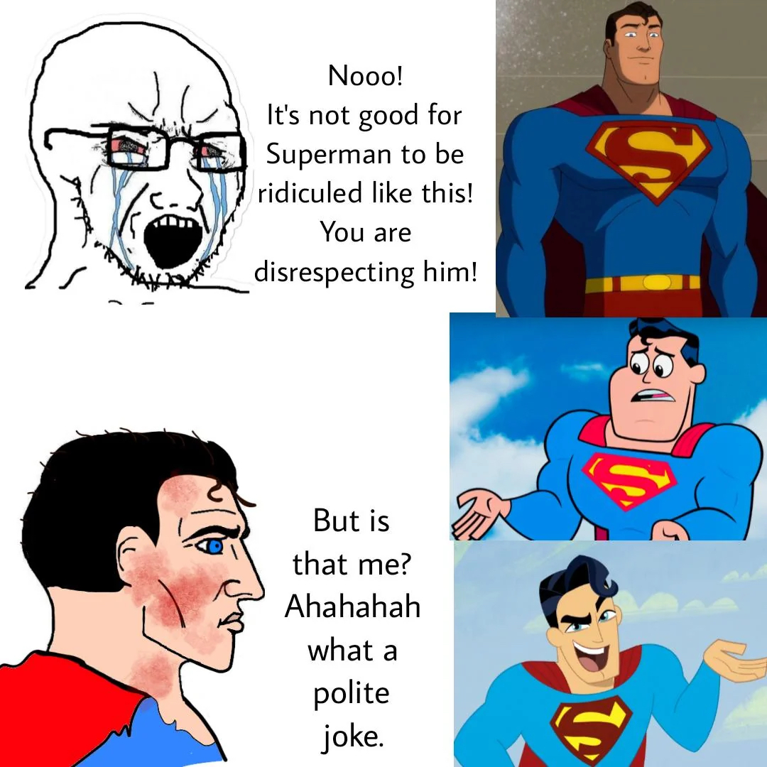 superman, yes chad, cryboy soyjak, soyak, bald, black hair, blue eyes, chad, closed mouth, crying
