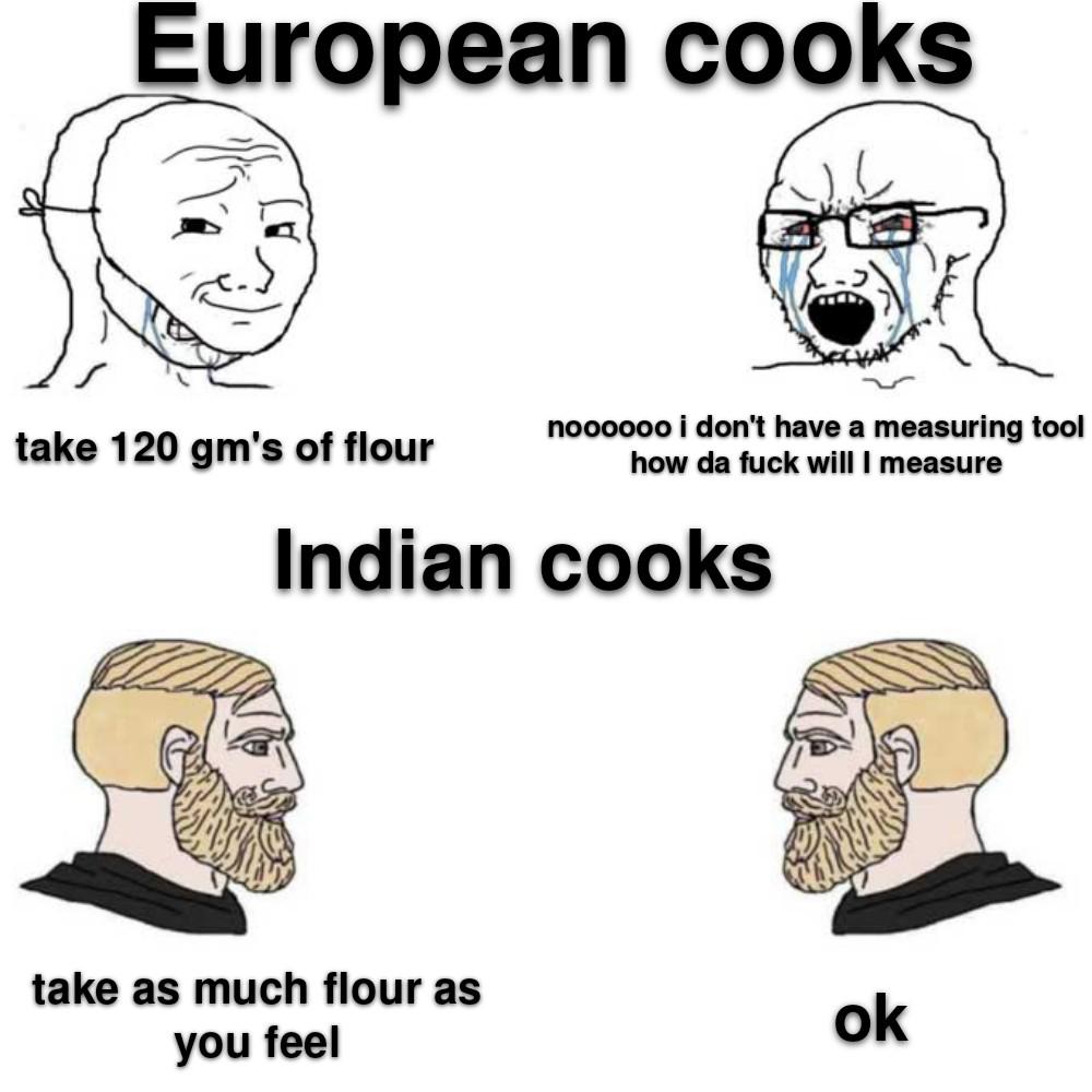 wojak, yes chad, soyak, 2soyjaks, bald, blonde hair, bloodshot eyes, blue eyes, clothes, cook