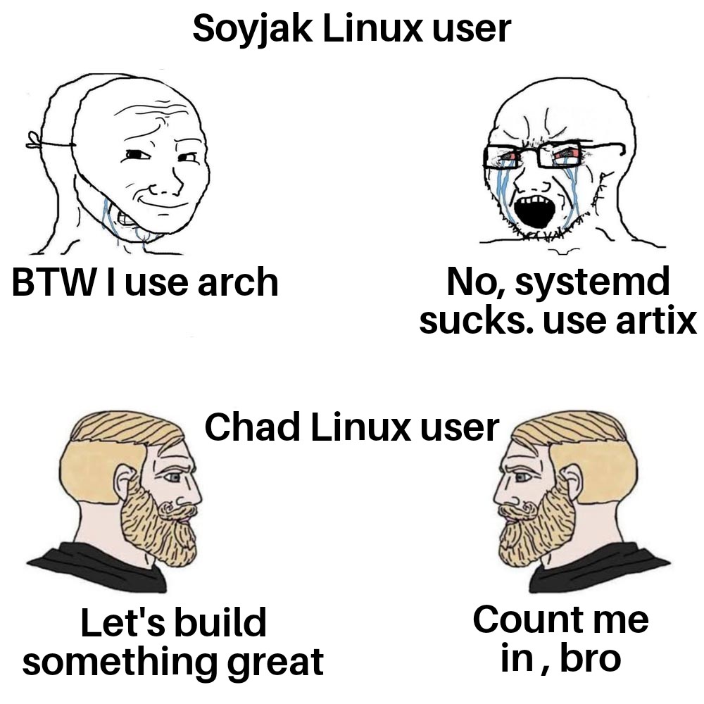 gigachad, wojak, yes chad, soyak, soyak (crying), bald, black shirt, blonde hair, bloodshot eyes, blue eyes