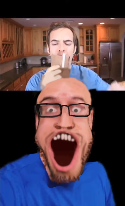 markiplier soyjak, irl soyjaks, 1soyjak, bald, black background, blue shirt, glasses, irl photo, jacksfilms, kitchen