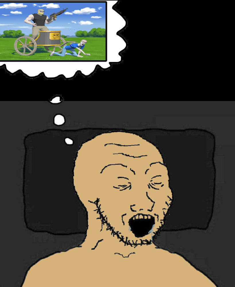 yes chad, soyak, soyak (crying), 2soyjaks, blue pants, blue shirt, buff, bush, chariot, closed eyes