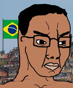 chudjak, brazil, brown skin, closed mouth, favela, flag, glasses, hair, irl background, soyjak