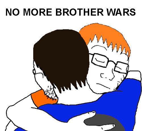 jake, soyak, natejak, no more brother wars, 2soyjaks, blue shirt, brown hair, closed eyes, closed mouth, finger