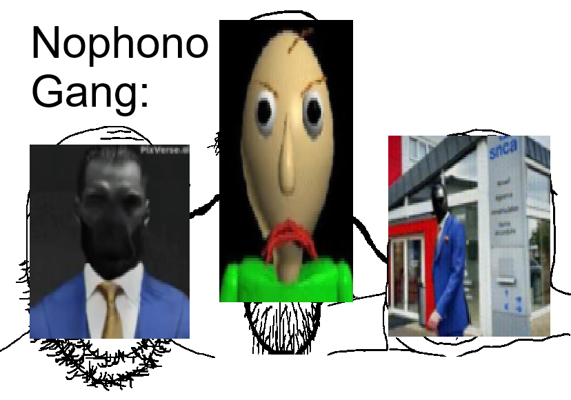 baldi, gigachad, nophono, gapejak, markiplier soyjak, tony soprano soyjak, soyjak trio, angry, blue suit, clothes