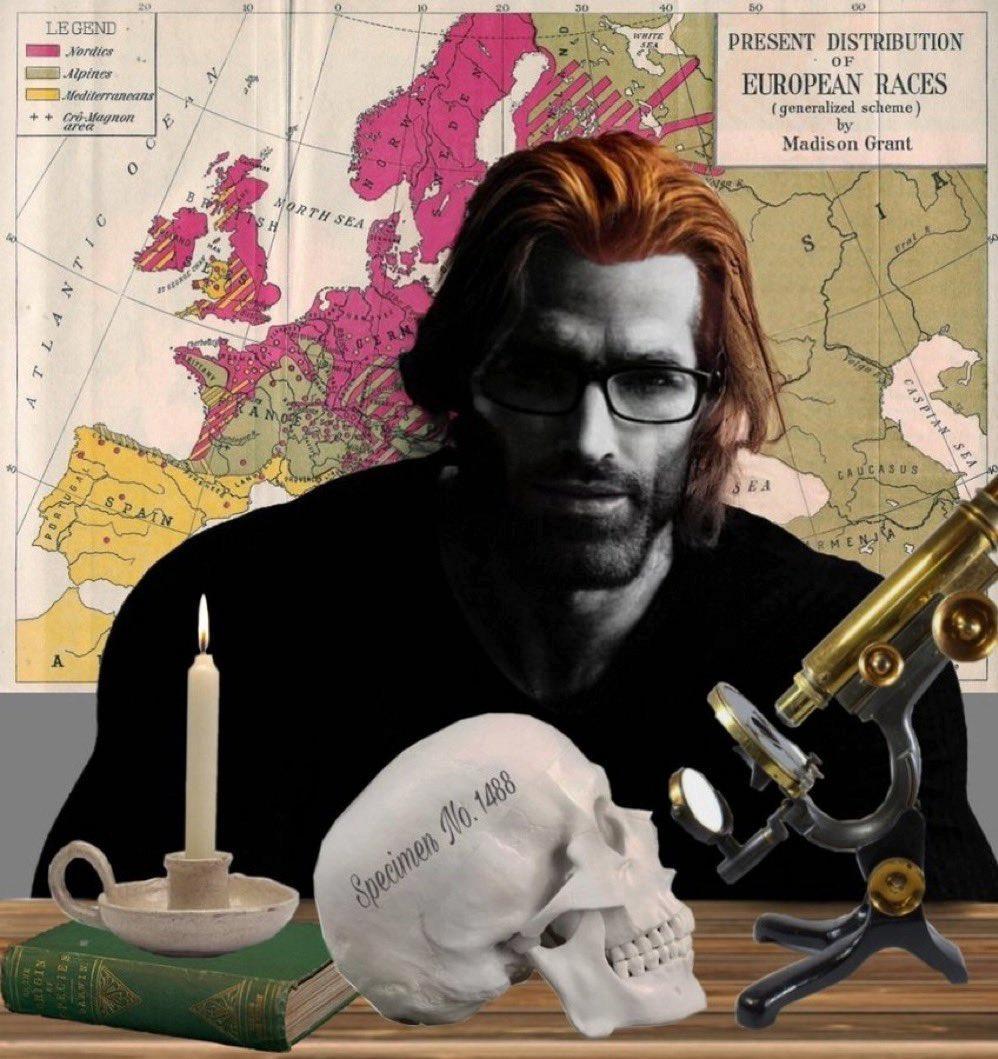 gigachad, aryan, a10 eyes, alpinid, beard, black shirt, bone, bones, buff, candle