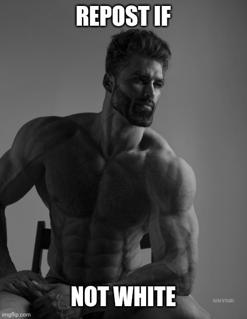 gigachad, beard, black and white, black hair, buff, chair, closed mouth, face, gray background, gray skin