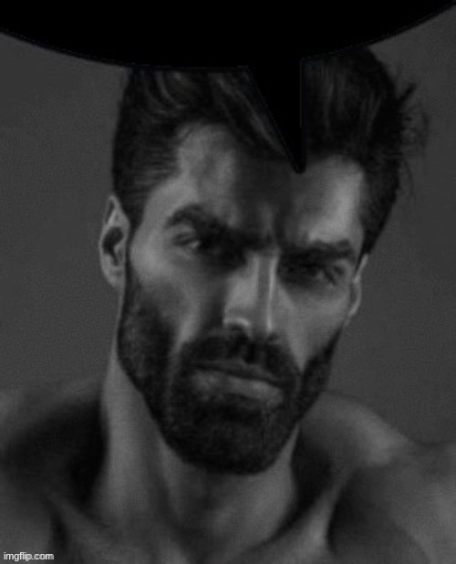 gigachad, beard, black and white, black hair, buff, closed mouth, ear, face, front view, gray background