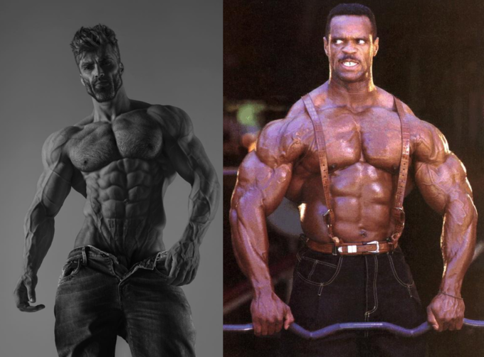 gigachad, /qa/ (4chan), 9gag, arm, black and white, black background, black hair, black skin, buff, closed mouth