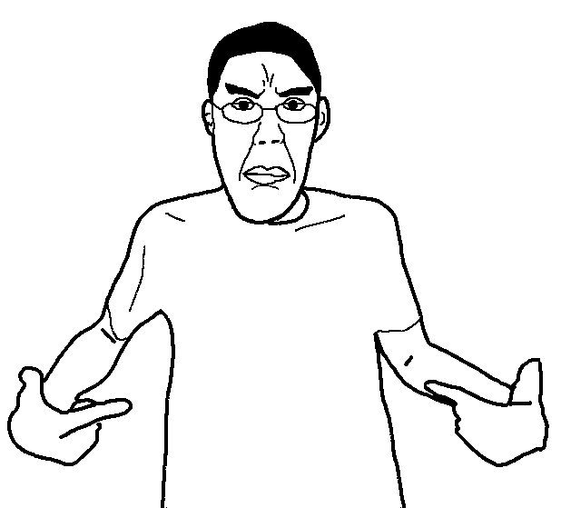chudjak, shirtjak, shirtchud, chuddified soyjaks, fusionjaks, 1soyjak, black hair, bushy eyebrows, closed mouth, clothes