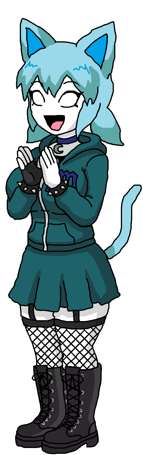 gigachadhero, tama, big breasts, black gloves, blue hair, blue shirt, blue skirt, boot, boots, breasts