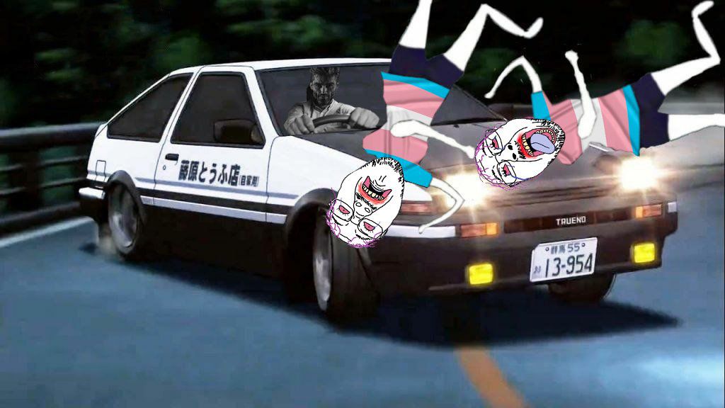 gigachad, bernd, 1soyjak, ack, bloodshot eyes, blue tongue, car, drift, drifting, driving