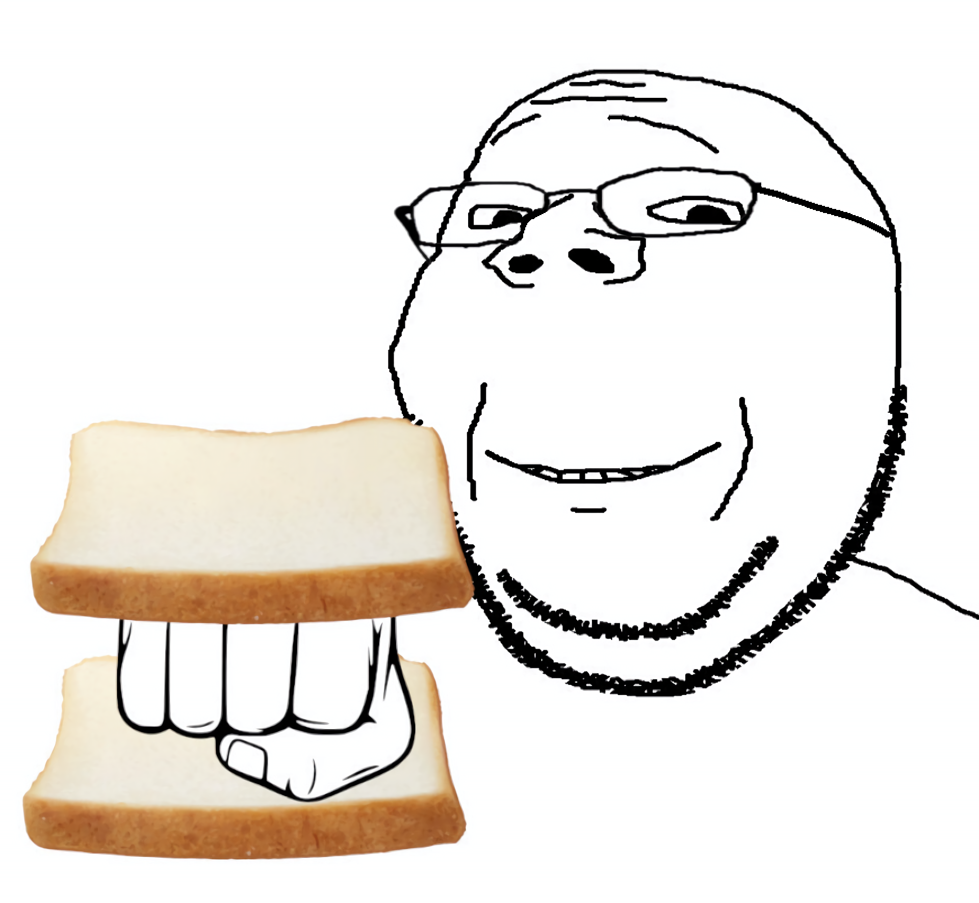 gapejak, wholesome soyjak, 1soyjak, bald, bread, face, fist, forehead lines, glasses, half body