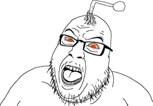 hilbert soyjak, angry, antenna, glasses, mustache, open mouth, orange eyes, reddit, soyjak, stubble