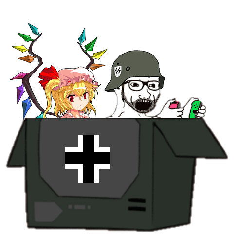 flandre scarlet, excited soyjak, anime, blonde hair, box, clothes, excited, female, glasses, hair