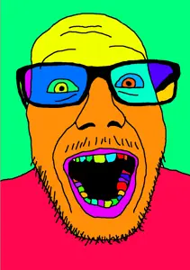 punkjak, colorjak, 1soyjak, glasses, green background, looking at you, multicolored skin, open mouth, purple lips, soyjak