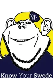 impish soyak ears, badge, blonde hair, ear, hair, knowyourmeme, kys, smile, soyjak, stubble