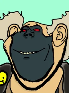 impish soyak ears, badge, clothes, ear, hair, red eyes, smile, smiley face, soyjak, spawn