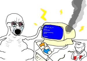 impish soyak ears, soyak, 2soyjaks, arm, arrow, bloodshot eyes, computer, crying, distorted, downvote