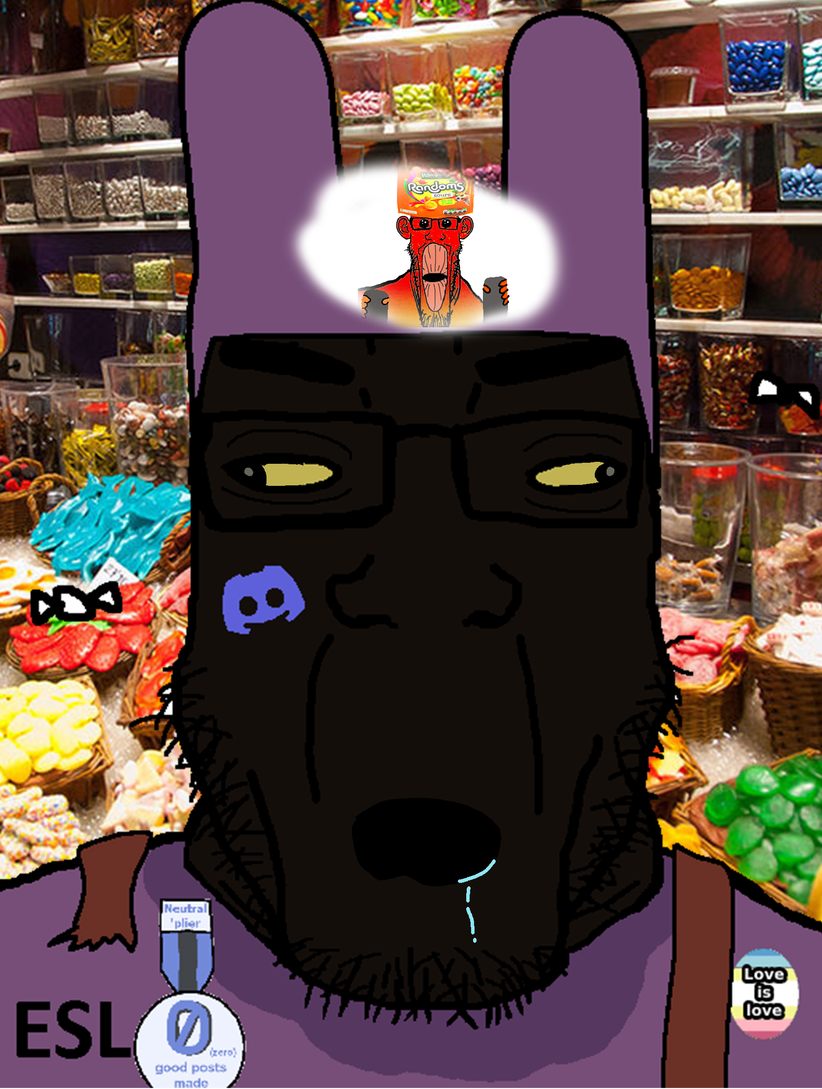 jax (the amazing digital circus), jax pedo, markiplier soyjak, longplier, oh my god she is so attractive, 2soyjaks, animal, brown skin, candy, closed mouth