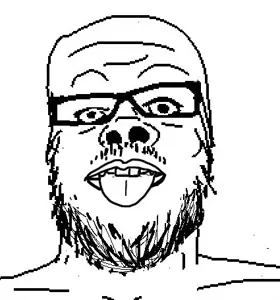 a24 slowburn soyjak, flipped, front view, glasses, monochrome, soyjak, stubble, tongue, uncolored skin, white background