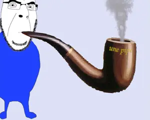 cobson, clothes, full body, glasses, neutral, pipe, smoke, smoking, soyjak, stubble