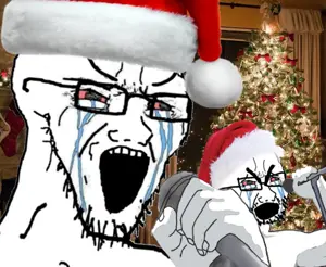 cryboy soyjak, soyak, 2soyjaks, arm, bloodshot eyes, christmas, clothes, crying, glasses, hands