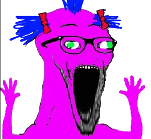bury pink gril, excited soyjak, soyak, wewjak, /s4s/, blue hair, bow, glasses, green eyes, hands