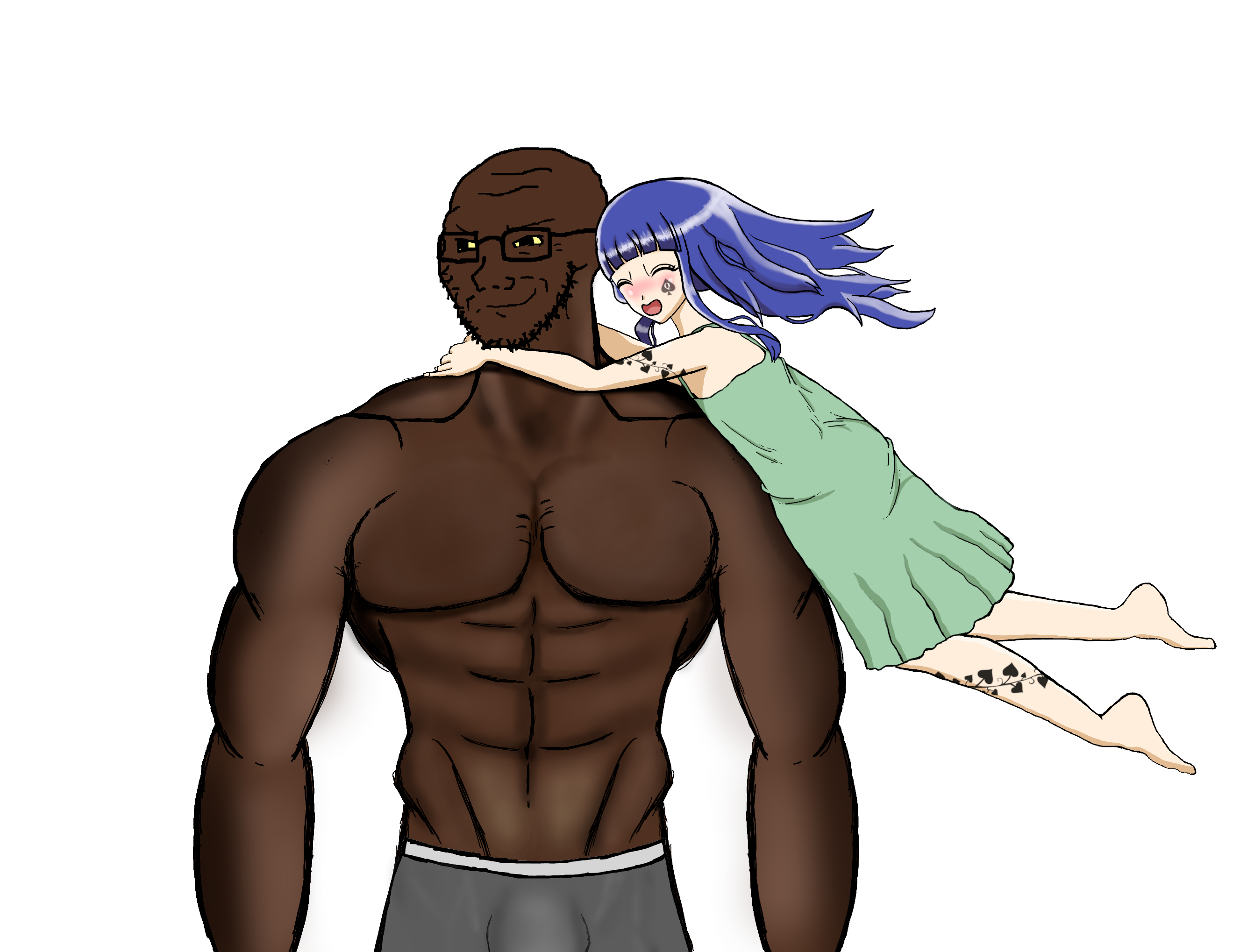 rika furude, soyak, /b/, anime, black skin, blue hair, buff, closed eyes, closed mouth, clothes