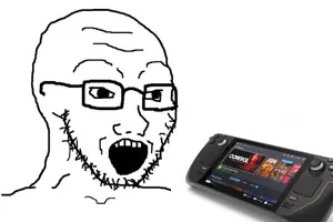 soyak, glasses, open mouth, soyjak, steam (platform), steam deck, stubble, video game