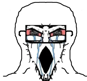 soyak, bloodshot eyes, cleavage, crying, glasses, mirrored, no teeth, open mouth, soyjak, stubble