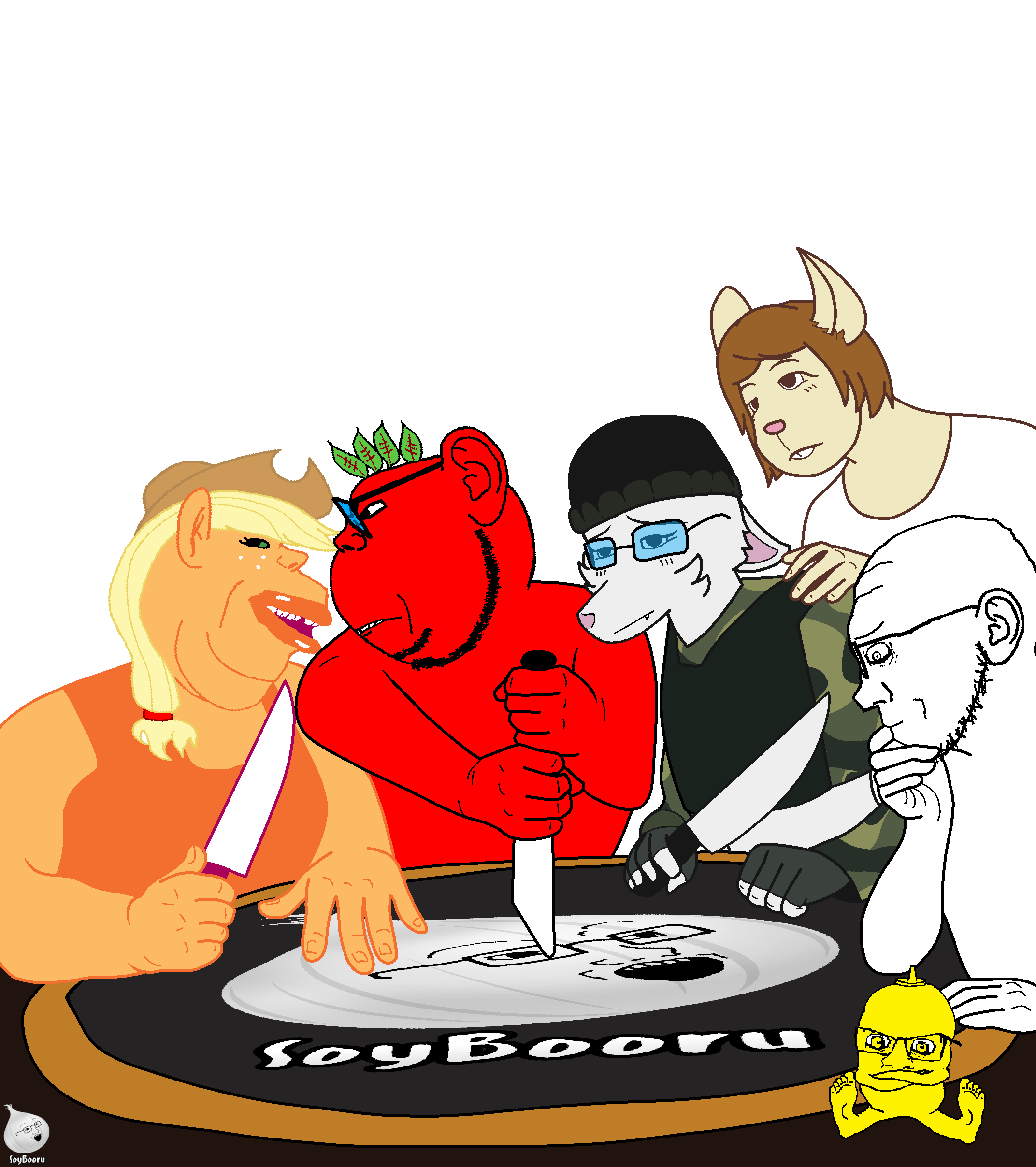 applejack, feraljak, impish soyak ears, soyak, condiment, feraljak (crazed), impish amerimutt, soyak (concerned), angry, animal