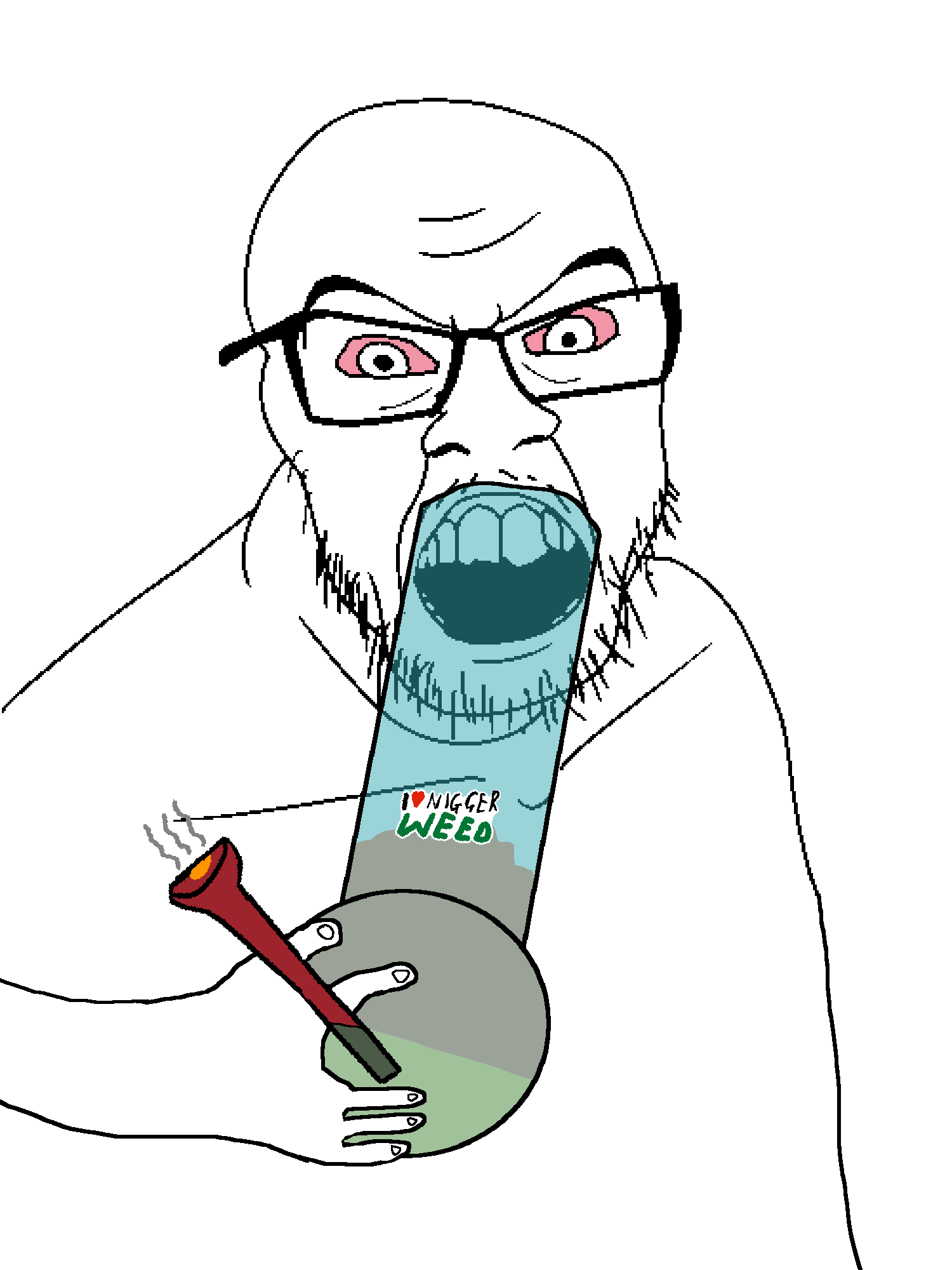 feraljak, bald, bloodshot eyes, bong, drugs, english text, eyebrows, forehead lines, glasses, hands