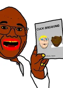 bucky d cuck, gapejak, impish soyak ears, emmanuel, wholesome soyjak, 3soyjaks, arm, black skin, blonde hair, blue eyes