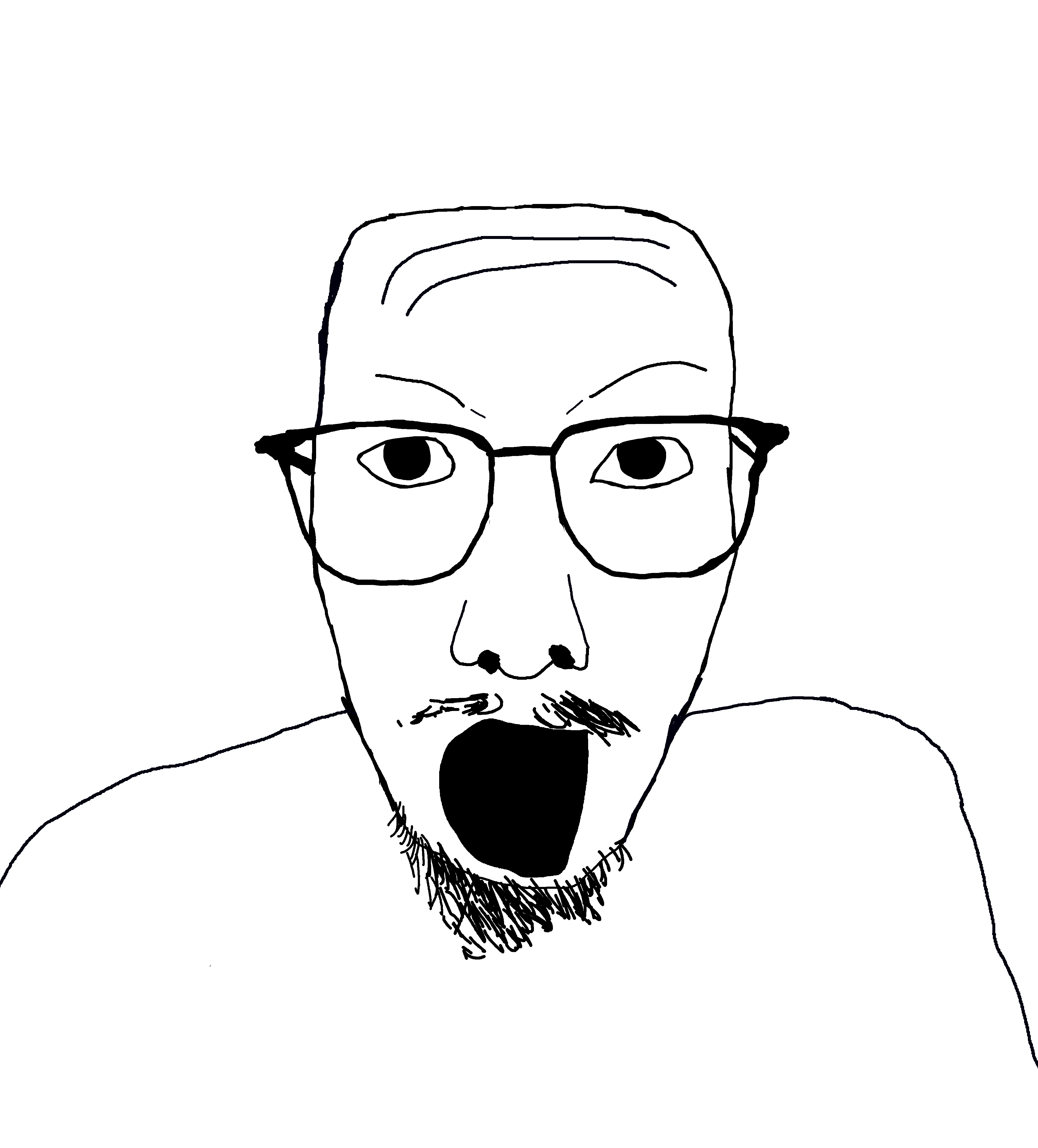 proto cackjak, unknown, 1soyjak, bald, face, forehead lines, front view, glasses, half body, idiot