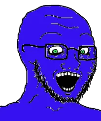 soyak, soyak (crazed), argyria, blue skin, crazed, glasses, green eyes, looking at you, open mouth, soyjak