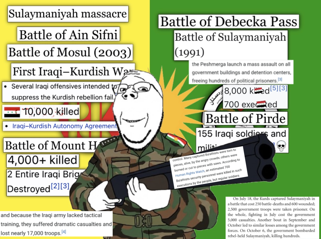 shad, gapejak, wholesome soyjak, baathist iraq, double barrel shotgun, glasses, gun, holding gun, holding object, holding shotgun