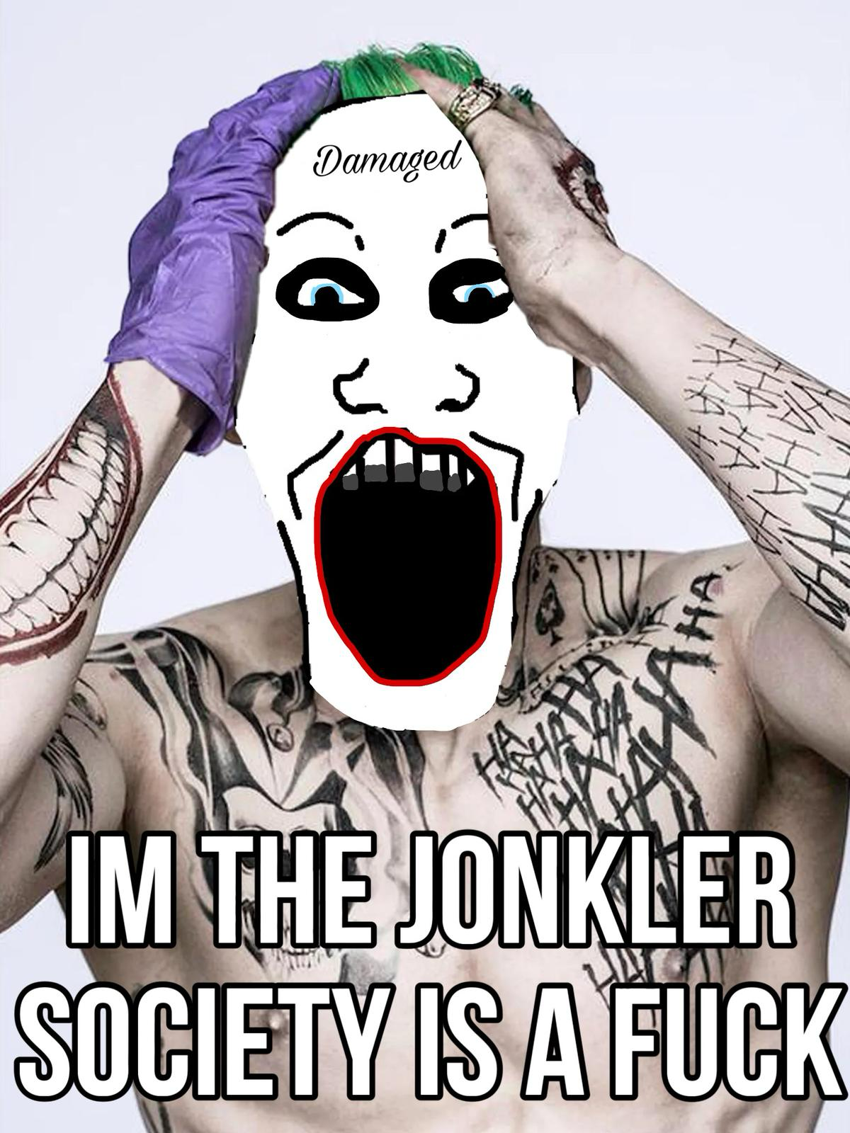 jared leto, markiplier soyjak, damaged, dc, dc comics, dceu, face tattoo, green hair, jared leto joker, joker
