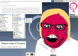 feraljak, blonde hair, cleavage, computer, crazed, debian, glasses, hair, linux, logo
