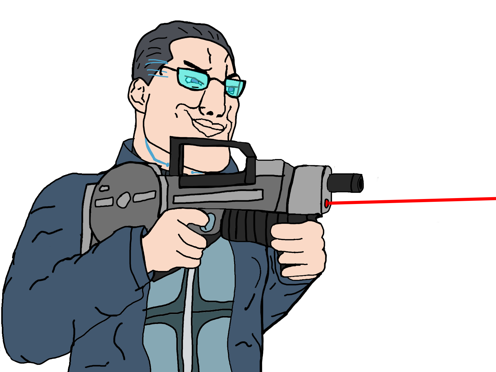 jc denton, chudjak, armor, assault rifle, black hair, body armor, buff, bulletproof vest, clothes, coat