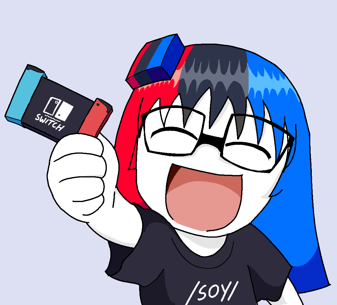 soysuba, 4chan, anime, black shirt, blue background, cleavage, closed eyes, female, glasses, hair