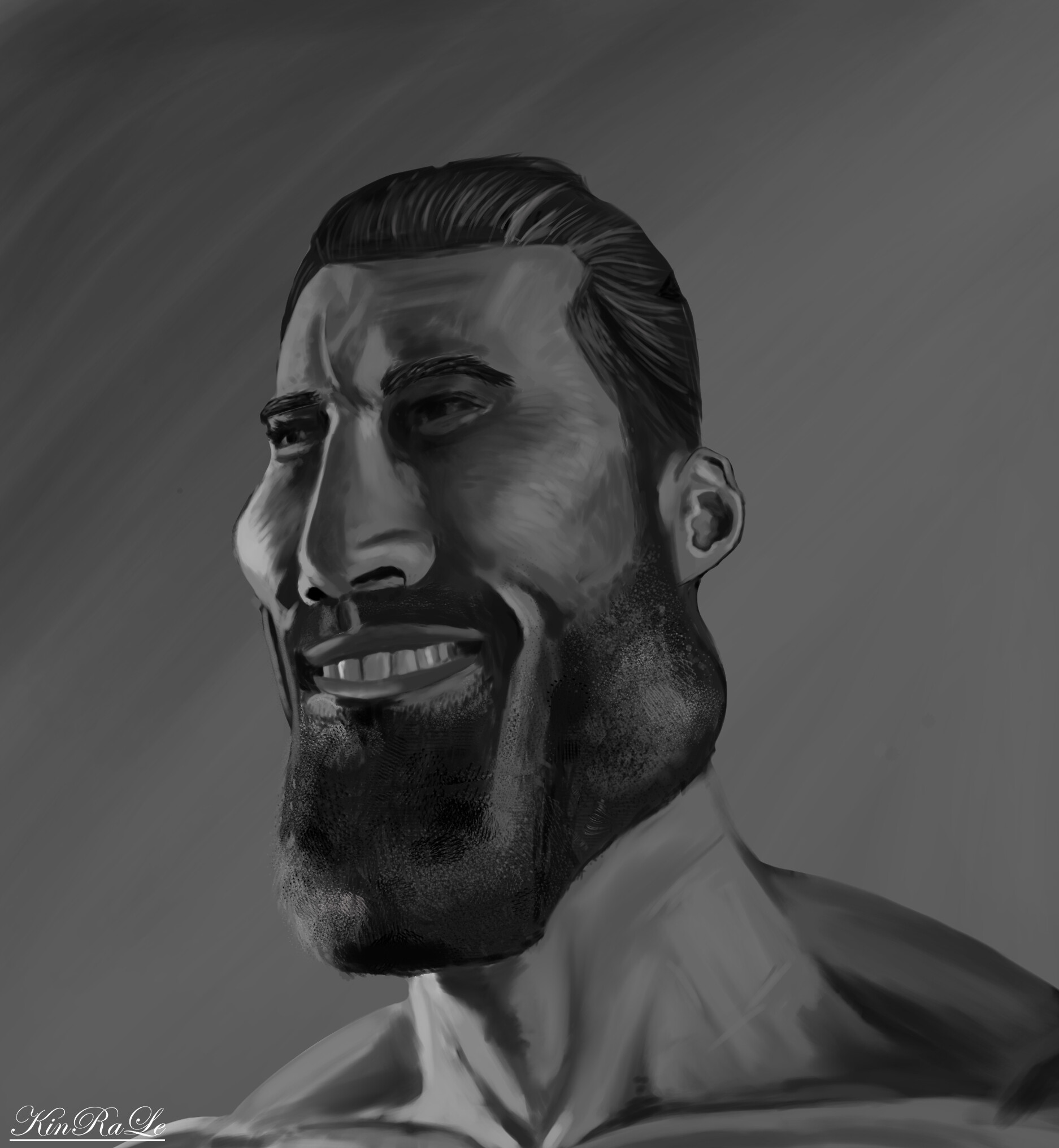 kinrale, gigachad, art, artwork, big chin, big jawline, black hair, buff, deformed, distorted
