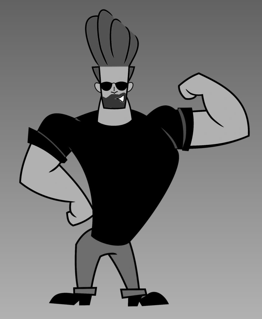 gigachad, johnny bravo, aryan, a10 eyes, black shirt, buff, cartoon, cartoon network, full body, glasses