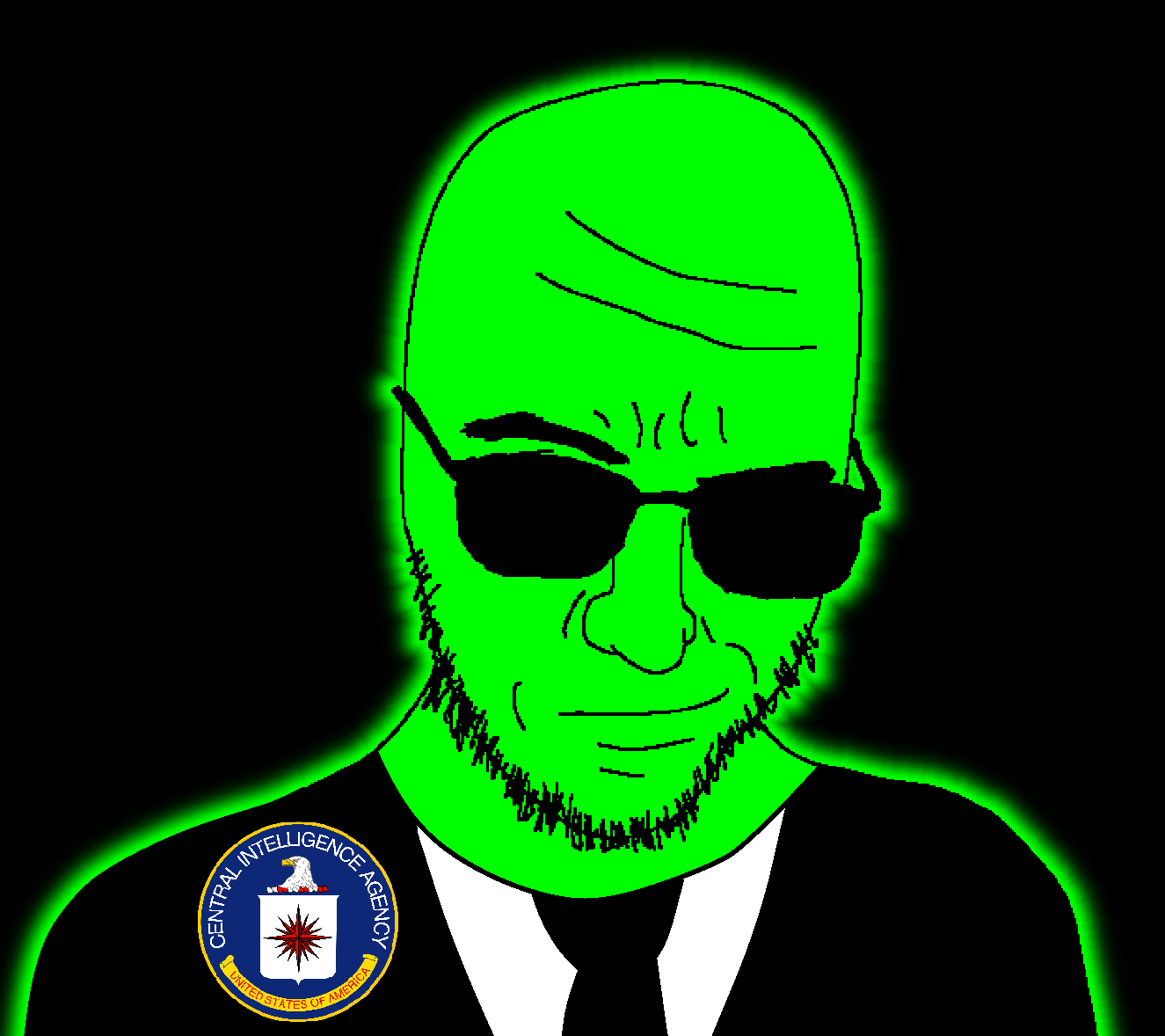 taceboi23, zoopy ghouler, glowie, 1soyjak, black background, black suit, central intelligence agency, closed mouth, clothes, forehead lines