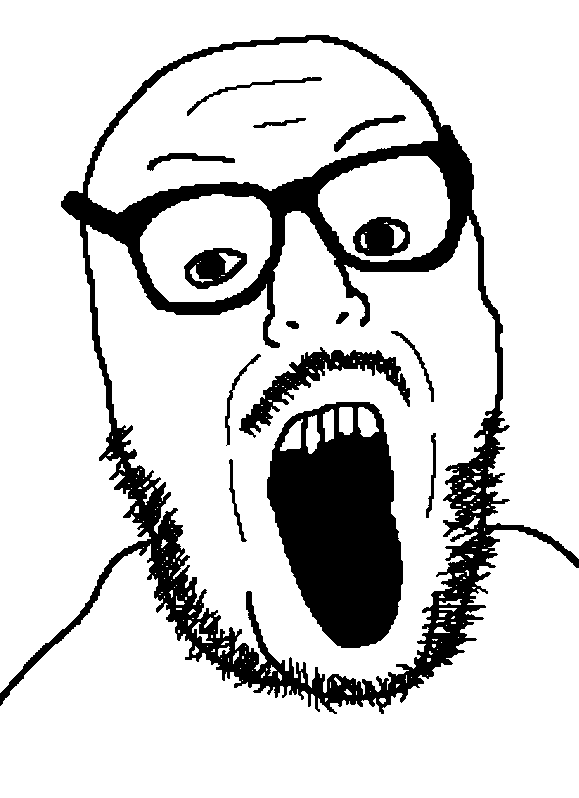 itsthejaket, unknown, 1soyjak, bald, beard, forehead lines, front view, glasses, half body, looking at you