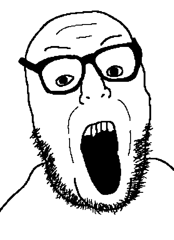 itsthejaket, unknown, 1soyjak, bald, beard, forehead lines, front view, glasses, half body, looking at you