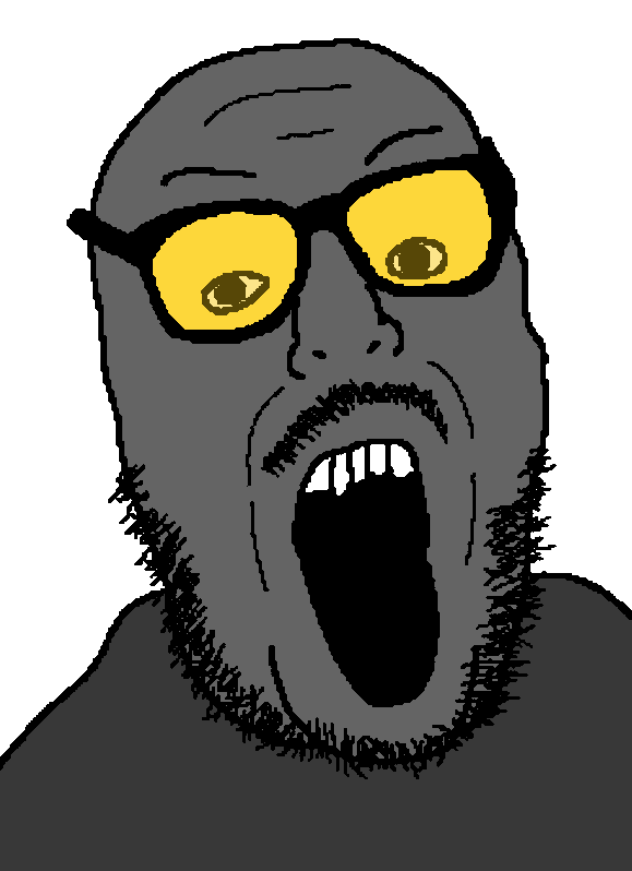 itsthejaket, unknown, 1soyjak, bald, beard, forehead lines, front view, glasses, half body, looking at you
