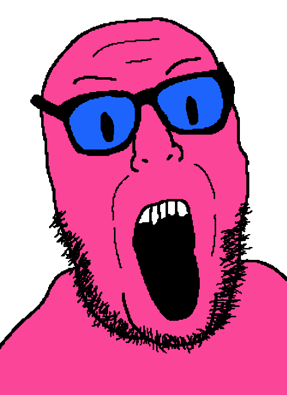 itsthejaket, unknown, 1soyjak, bald, beard, forehead lines, front view, glasses, half body, looking at you
