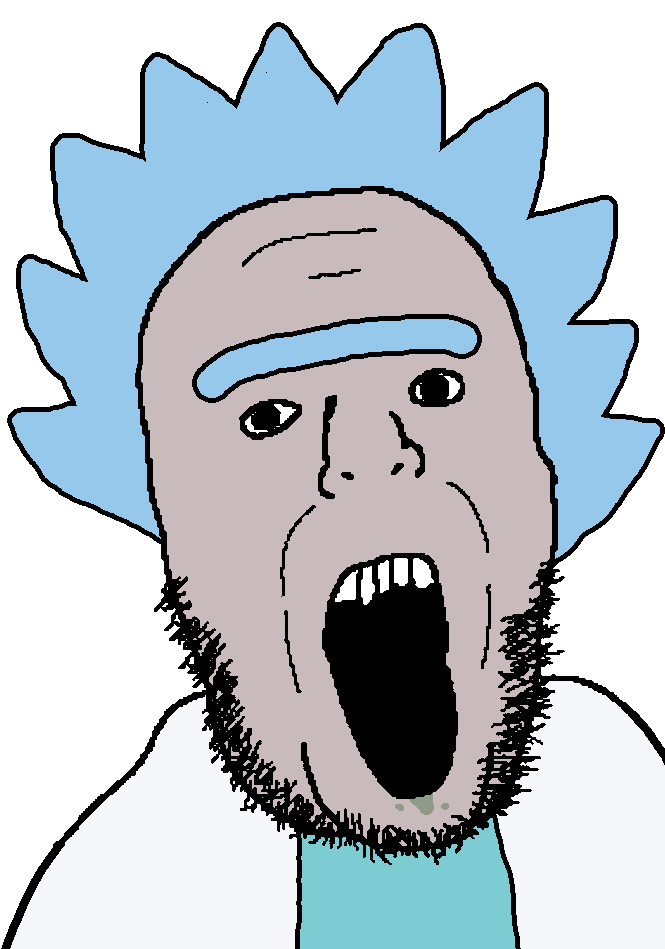 rick sanchez, itsthejaket, unknown, 1soyjak, beard, drool, forehead lines, front view, hair, half body