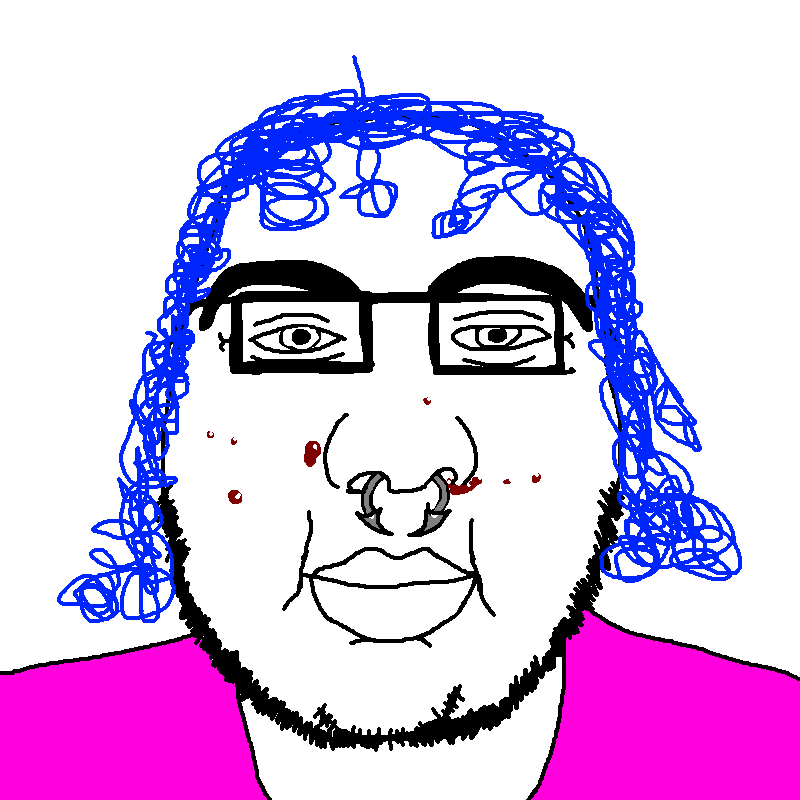 scobjak, unknown, 1soyjak, acne, big lips, blue hair, closed mouth, eyes, front view, glasses