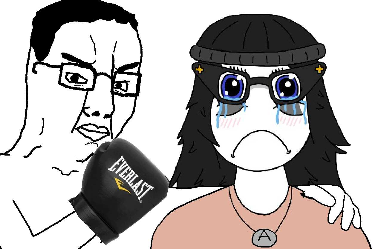 soytan, chudjak, 2soyjaks, beanie, black hair, blue eyes, blush, boxing, boxing glove, bushy eyebrows
